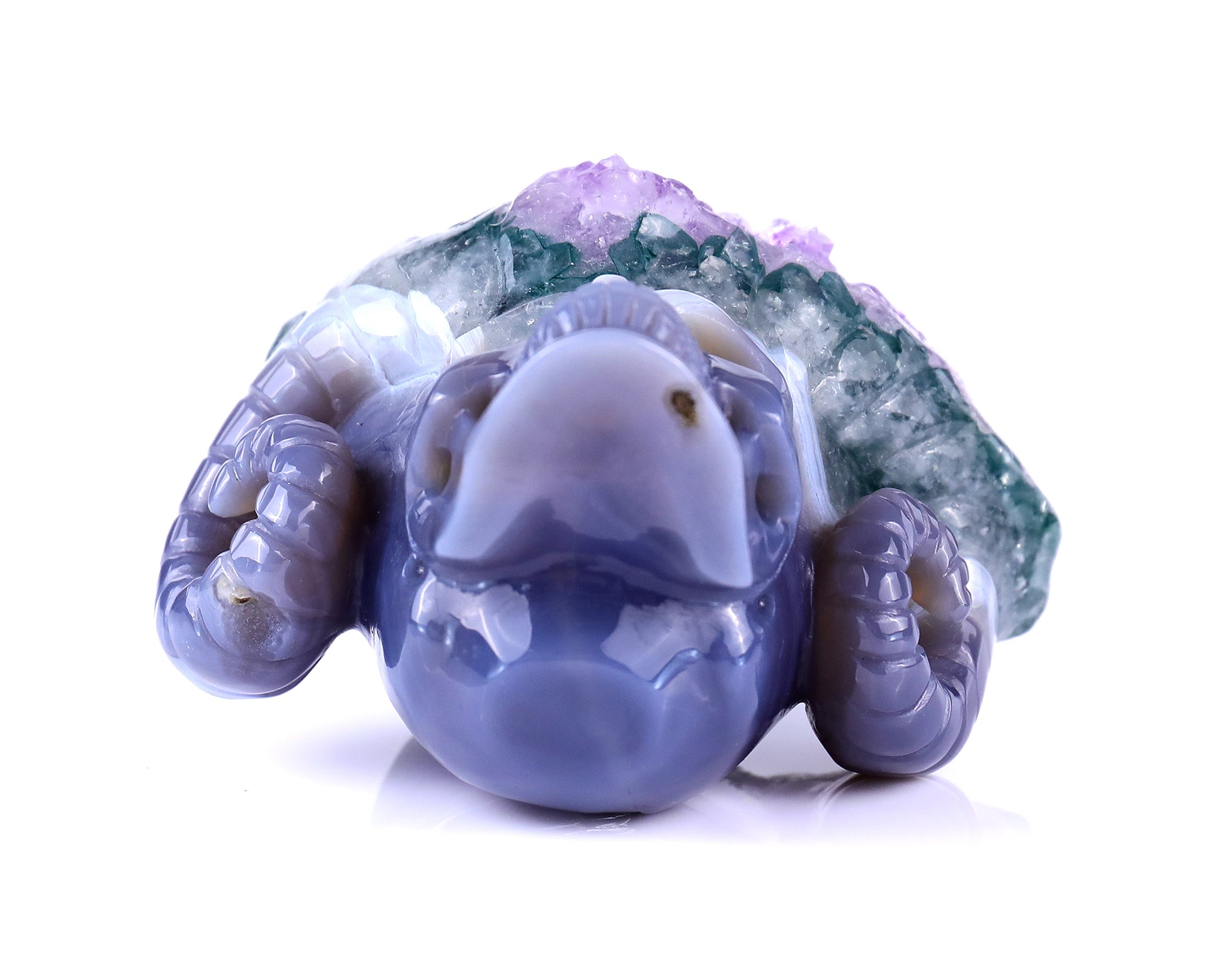 Unique 2.9" Amethyst Druse Agate Hand Carved Mineral Specimen Skull with Horn Sculpture Crystallumi