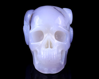 Unique 3.9" Blue Chalcedony Hand Carved Crystal Realistic Skull and Horn Sculpture Crystallumi