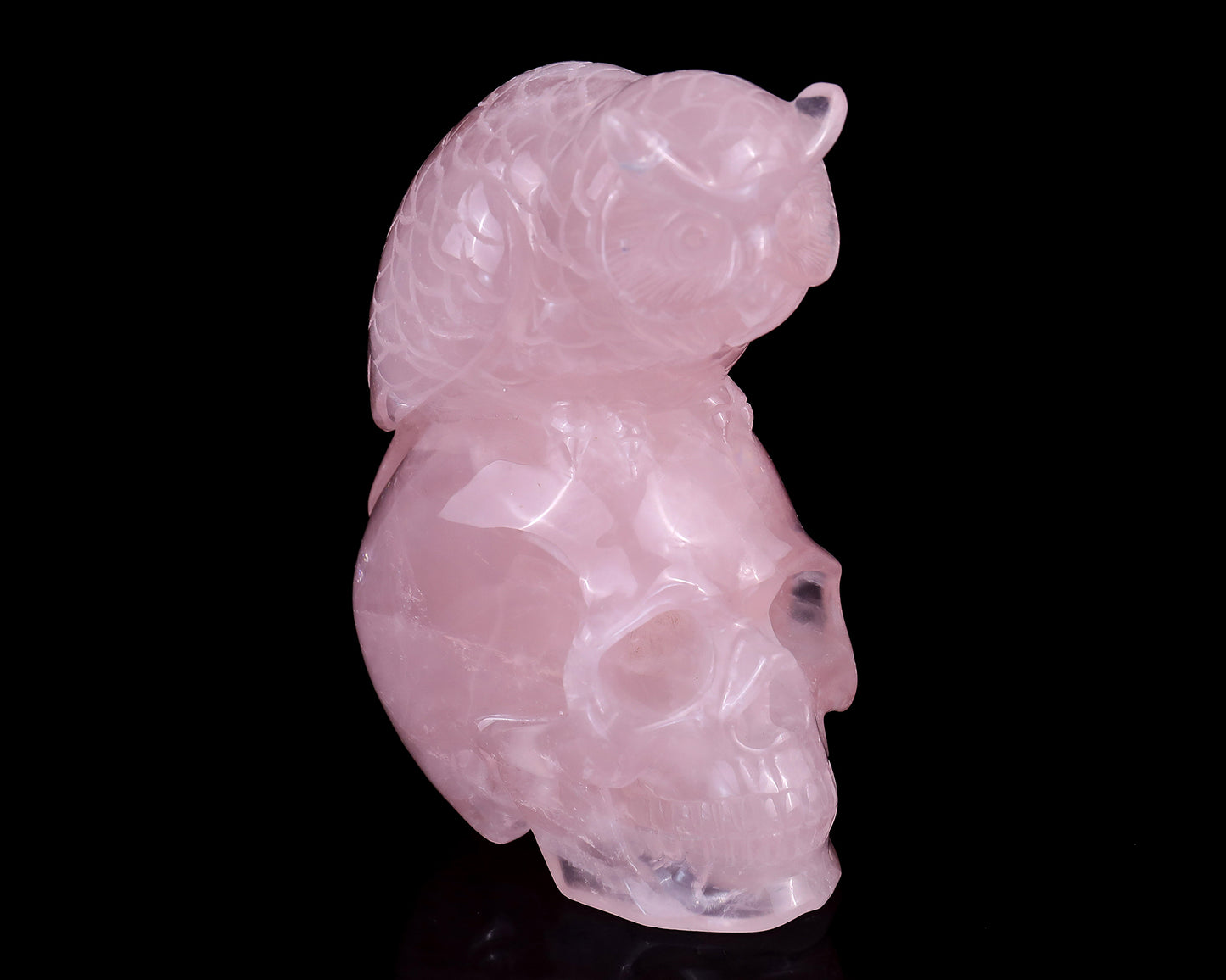 Unique 5.5" Rose Quartz Hand Carved Crystal Realistic Skull with Owl Sculpture Crystallumi