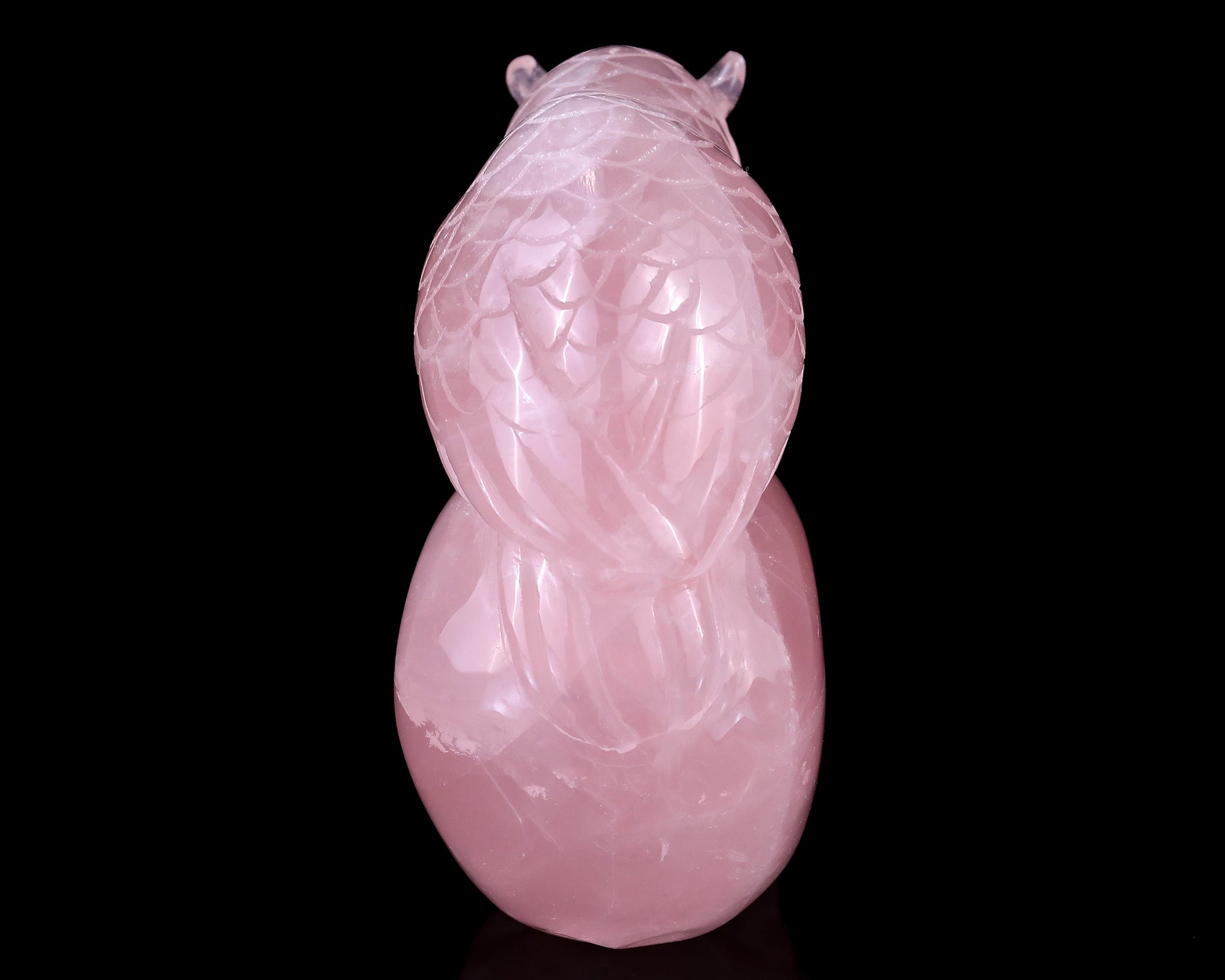 Unique 5.5" Rose Quartz Hand Carved Crystal Realistic Skull with Owl Sculpture Crystallumi