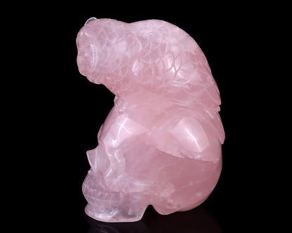 Unique 5.5" Rose Quartz Hand Carved Crystal Realistic Skull with Owl Sculpture Crystallumi