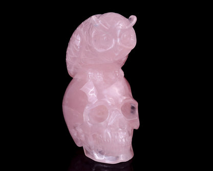 Unique 5.5" Rose Quartz Hand Carved Crystal Realistic Skull with Owl Sculpture Crystallumi