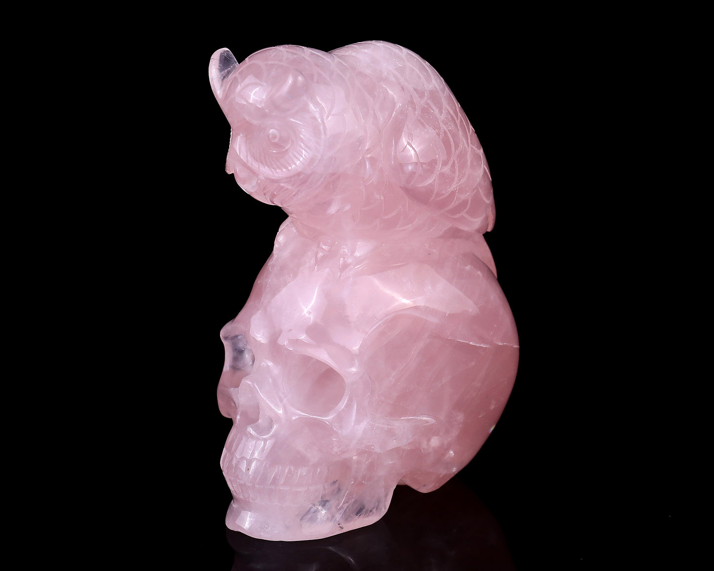 Unique 5.5" Rose Quartz Hand Carved Crystal Realistic Skull with Owl Sculpture Crystallumi