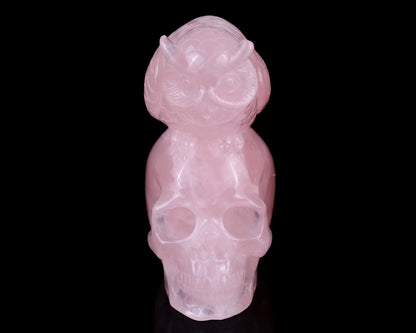 Unique 5.5" Rose Quartz Hand Carved Crystal Realistic Skull with Owl Sculpture Crystallumi