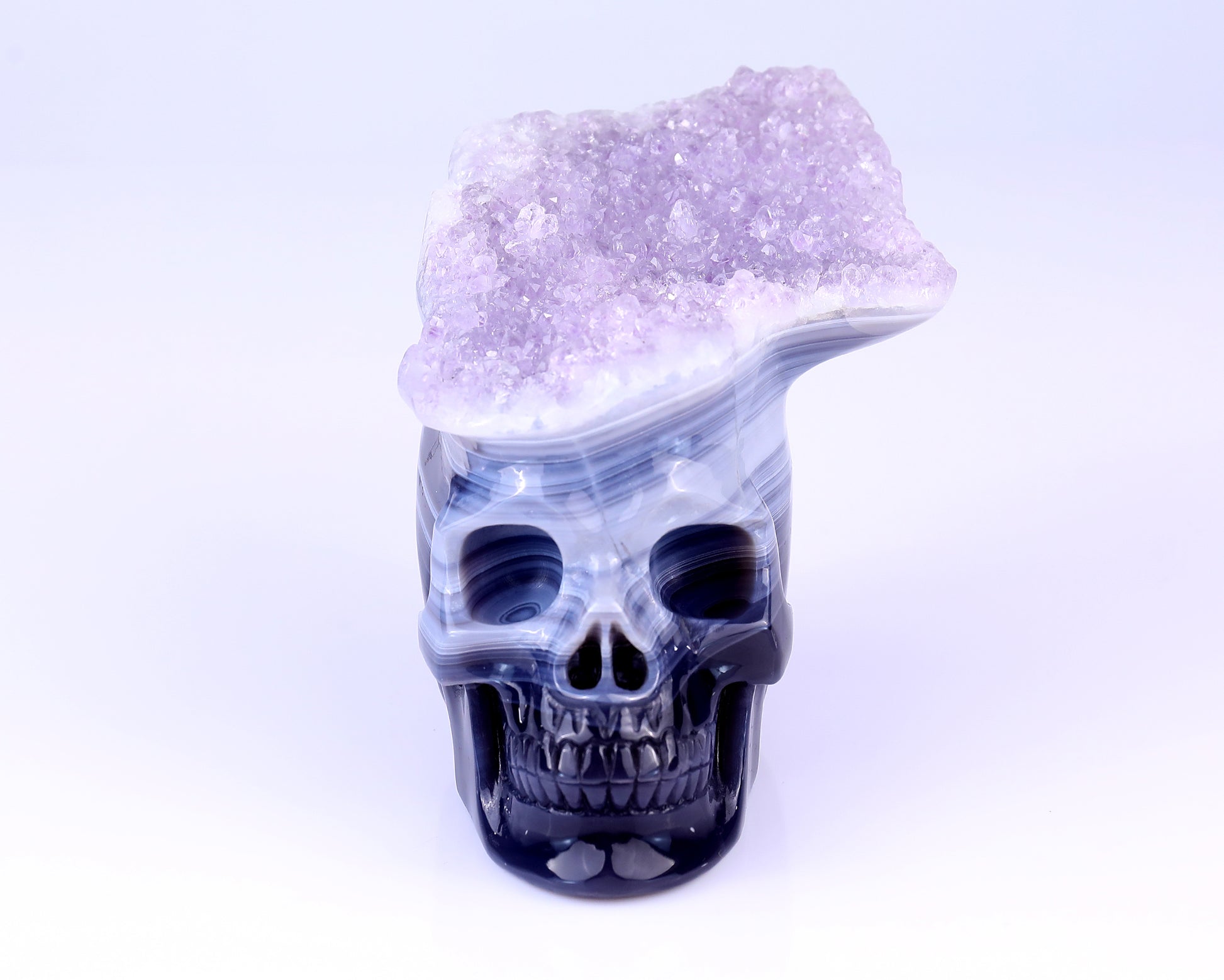 Unique 6.3" Amethyst Druse Agate Hand Carved Crystal Mineral Specimen Skull Sculpture Crystallumi