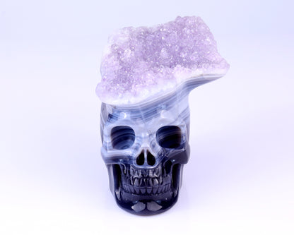 Unique 6.3" Amethyst Druse Agate Hand Carved Crystal Mineral Specimen Skull Sculpture Crystallumi