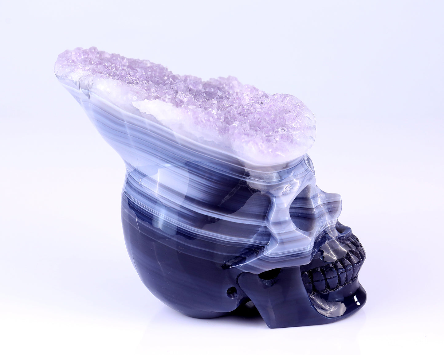 Unique 6.3" Amethyst Druse Agate Hand Carved Crystal Mineral Specimen Skull Sculpture Crystallumi