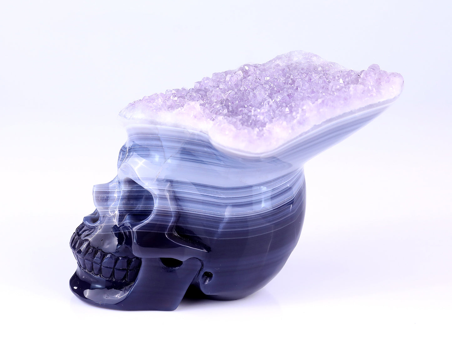 Unique 6.3" Amethyst Druse Agate Hand Carved Crystal Mineral Specimen Skull Sculpture Crystallumi