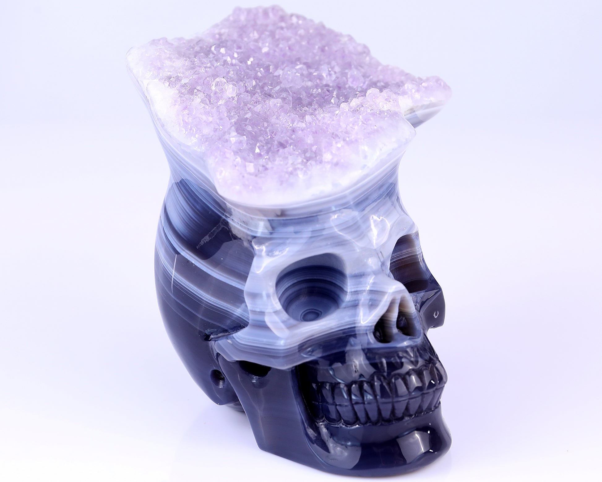 Unique 6.3" Amethyst Druse Agate Hand Carved Crystal Mineral Specimen Skull Sculpture Crystallumi