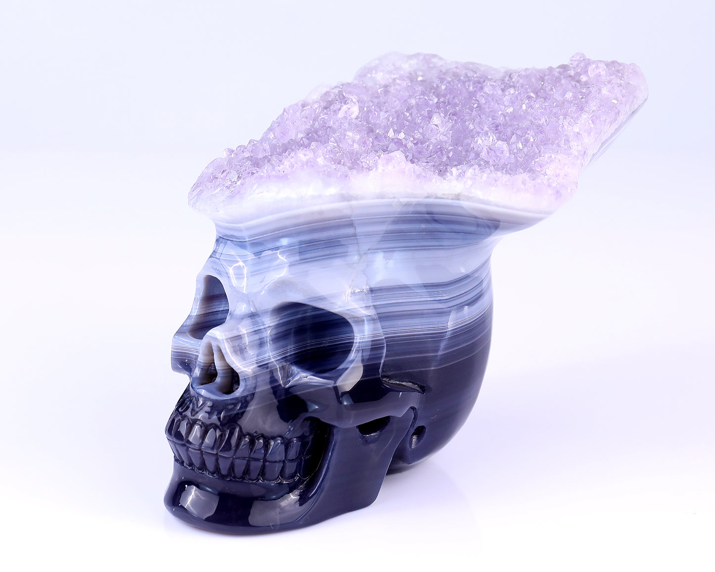 Unique 6.3" Amethyst Druse Agate Hand Carved Crystal Mineral Specimen Skull Sculpture Crystallumi