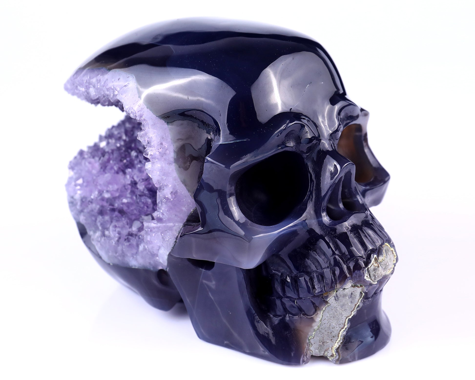 Unique 6.9" Geode Agate Hand Carved Crystal Geode Skull Sculpture Crystallumi