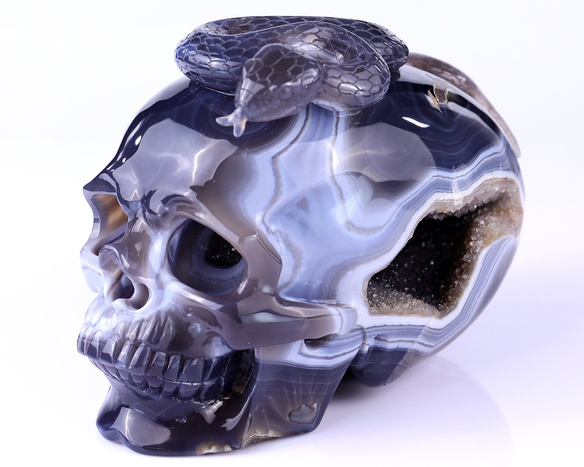 Unique 7.1" Amethyst Geode Agate Hand Carved Crystal Geode Skull Sculpture Crystallumi