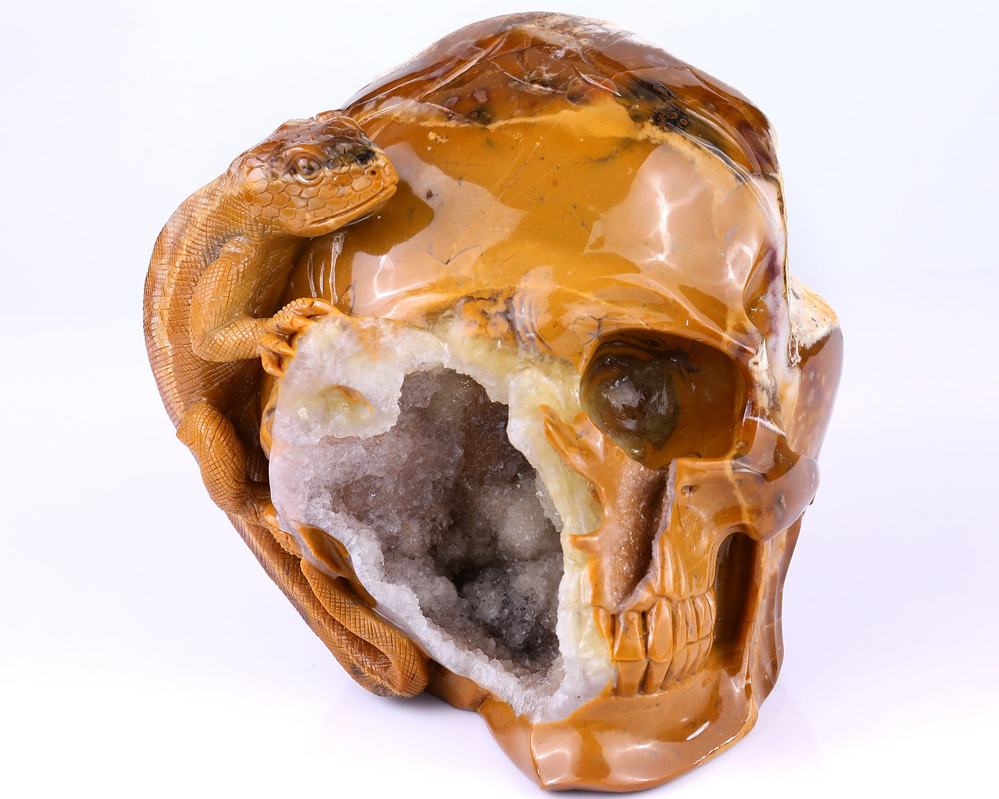 Unique 7.9" Chalcedony Hand Carved Crystal Geode Skull with Lizard Sculpture Crystallumi