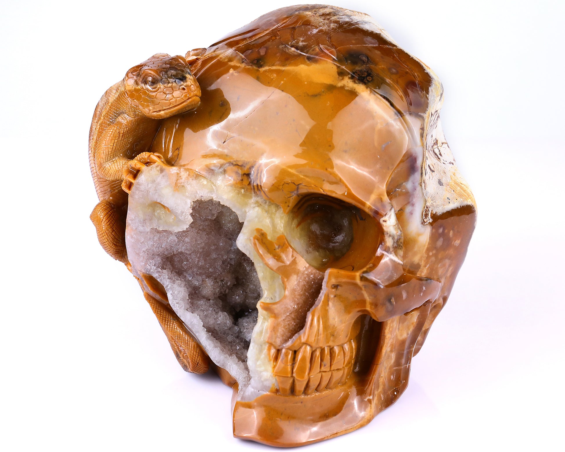 Unique 7.9" Chalcedony Hand Carved Crystal Geode Skull with Lizard Sculpture Crystallumi