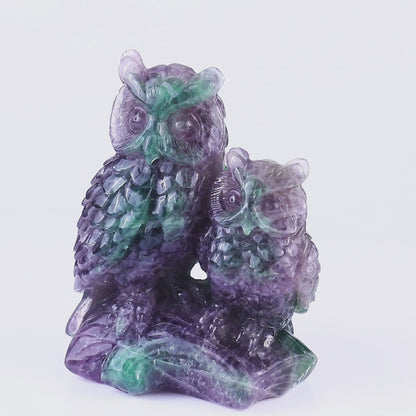 Amazing 6.1" Fluorite Hand Carved Crystal Owls Sculpture