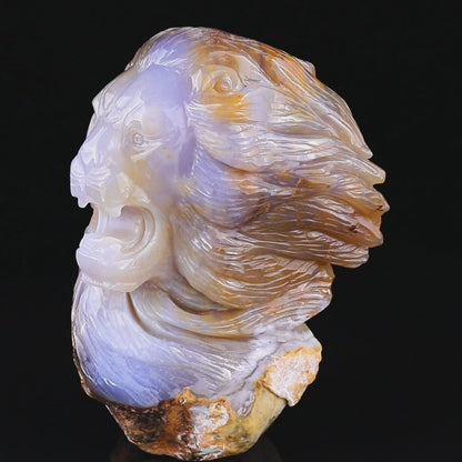 7.7" Chalcedony Hand Carved Crystal Lion Head Sculpture