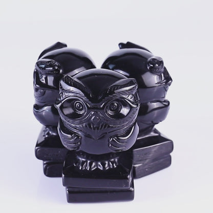 2.9" Black Obsidian Hand Carved Crystal Owl Sculpture