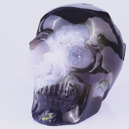 Unique 7.9" Geode Agate Hand Carved Crystal Geode Skull Sculpture