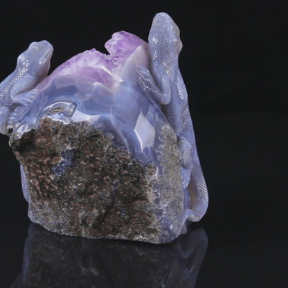 Amazing 5.1" Amethyst Geode Agate Hand Carved Crystal Lizard Sculpture