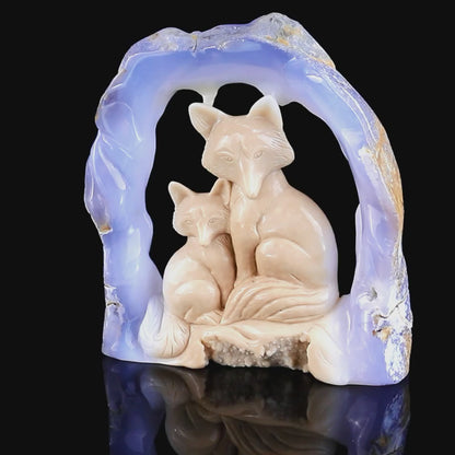 6.5" Blue Chalcedony Hand Carved Crystal Foxes Sculpture