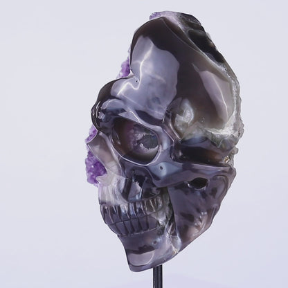 Unique 9.1" Amethyst Geode Agate Hand Carved Crystal Geode Skull Sculpture