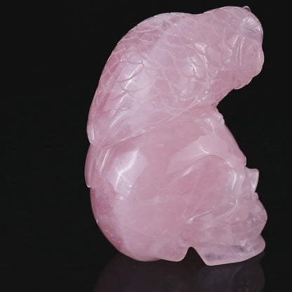 Unique 5.5" Rose Quartz  Hand Carved Crystal Realistic Skull with Owl Sculpture