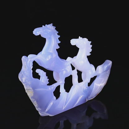 9.2" Blue Chalcedony Hand Carved Crystal Horses Sculpture