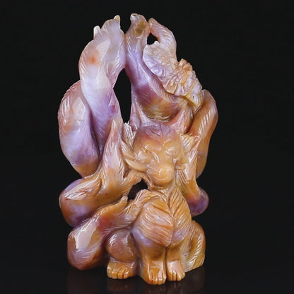 Amazing 7.1" Chalcedony Hand Carved Crystal Nine-tail Foxes Sculpture