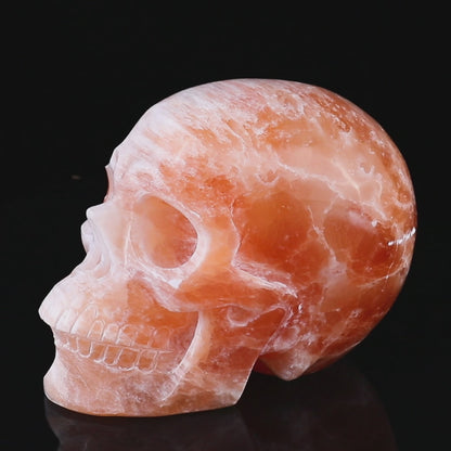 7.7" Orange Selenite Hand Carved Crystal Realistic Skull Sculpture