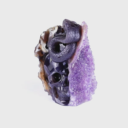 Unique 6.6" Amethyst Geode Agate Hand Carved Crystal Skull and Snake Sculpture