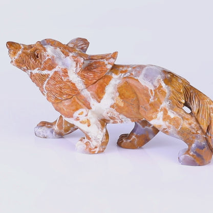 9.8" Chalcedony Hand Carved Crystal Wolf Sculpture