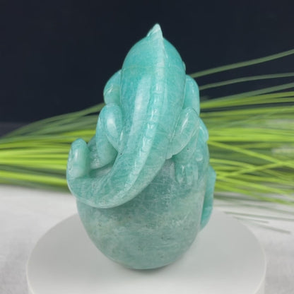 Amazing Gemstone Amazonite Carved Crystal Skull With Lizard Sculpture