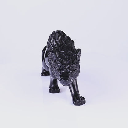 5.9" Black Obsidian Hand Carved Crystal Wolf Sculpture