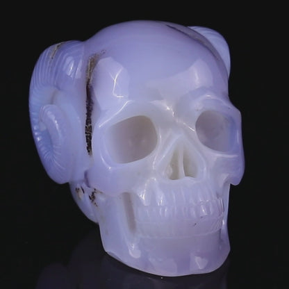 Unique 3.9" Blue Chalcedony Hand Carved Crystal Realistic Skull and Horn Sculpture