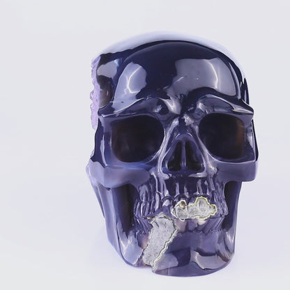 Unique 6.9" Geode Agate Hand Carved Crystal Geode Skull Sculpture