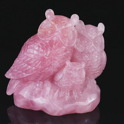 5.9" Rose Quartz Hand Carved Crystal Owls Sculpture