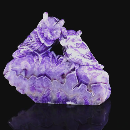 7.6" Dream Amethyst Hand Carved Crystal Owls Sculpture