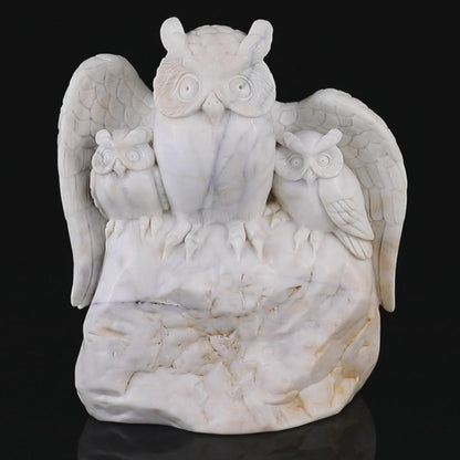 8.5" White Jade Hand Carved Crystal Owls Sculpture