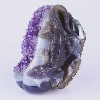 7.1" Amethyst Druse Agate Hand Carved Crystal Lizard Sculpture