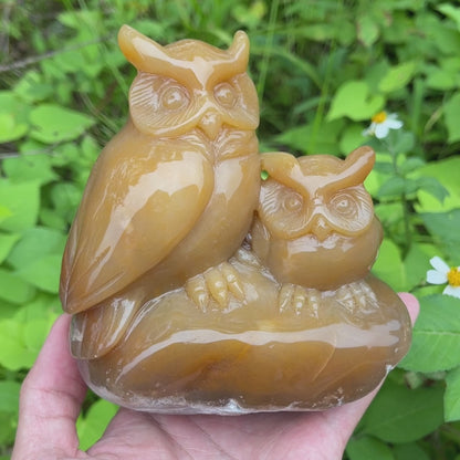 5.0" Chalcedony Hand Carved Crystal Owls Sculpture