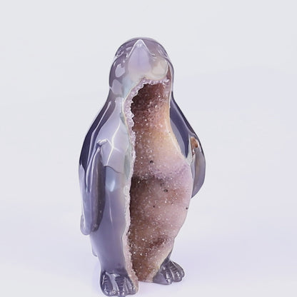 Amazing 4.9" Geode Agate Hand Carved Crystal Penguin Sculpture