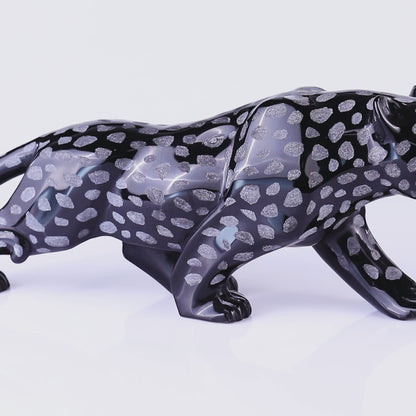 13.8" Black Obsidian Hand Carved Crystal Leopard Sculpture