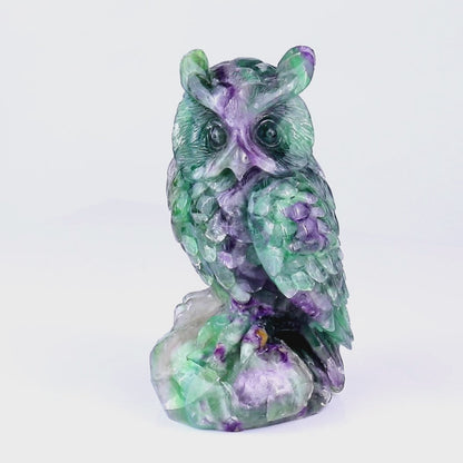 6.5" Fluorite Hand Carved Crystal Owl Sculpture