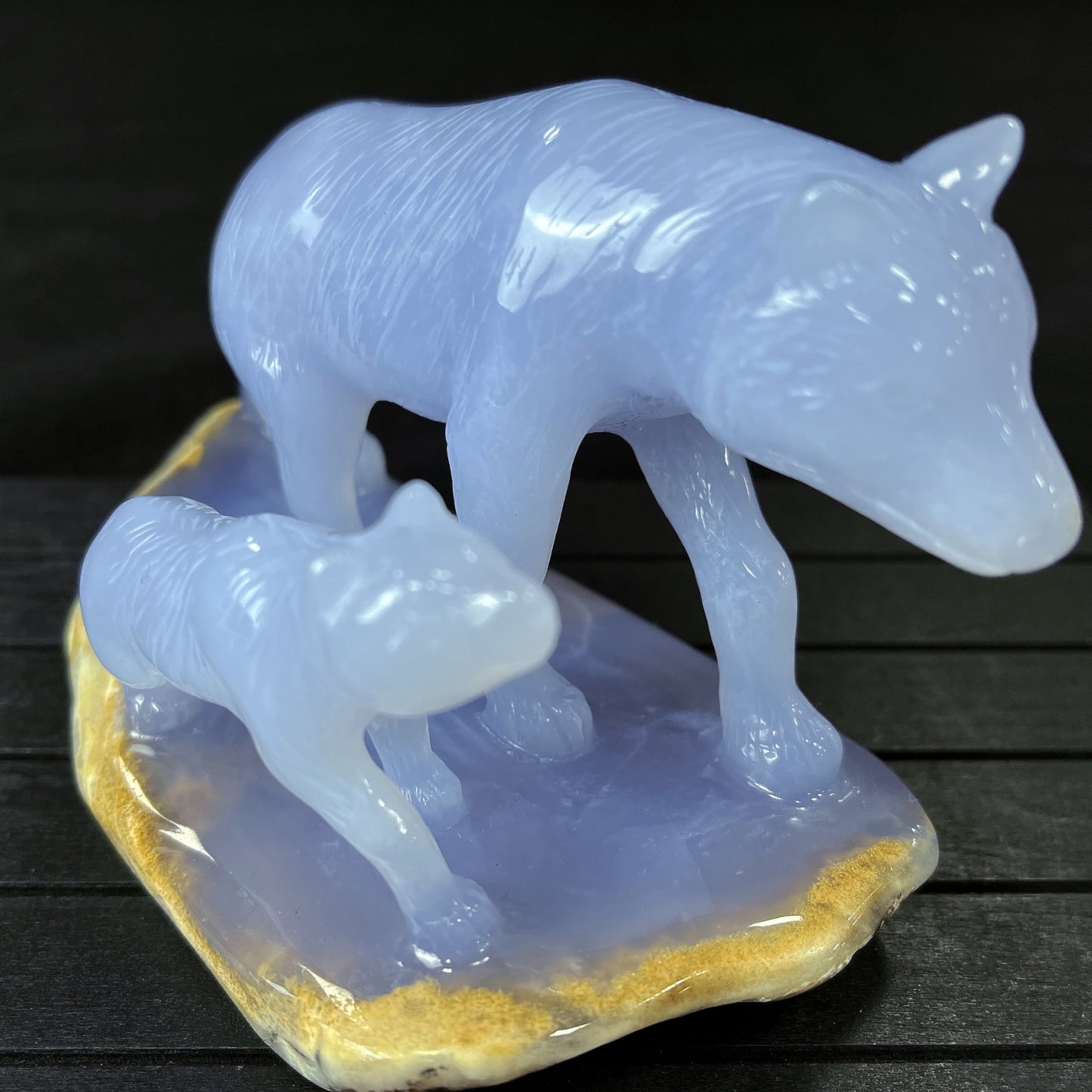 Amazing 5'' Blue Chalcedony Hand Carved Wolves Home Decoration Animal Statue Crystallumi