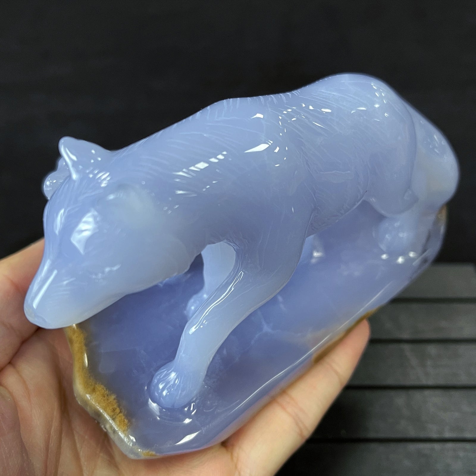 Amazing 5'' Blue Chalcedony Hand Carved Wolves Home Decoration Animal Statue Crystallumi