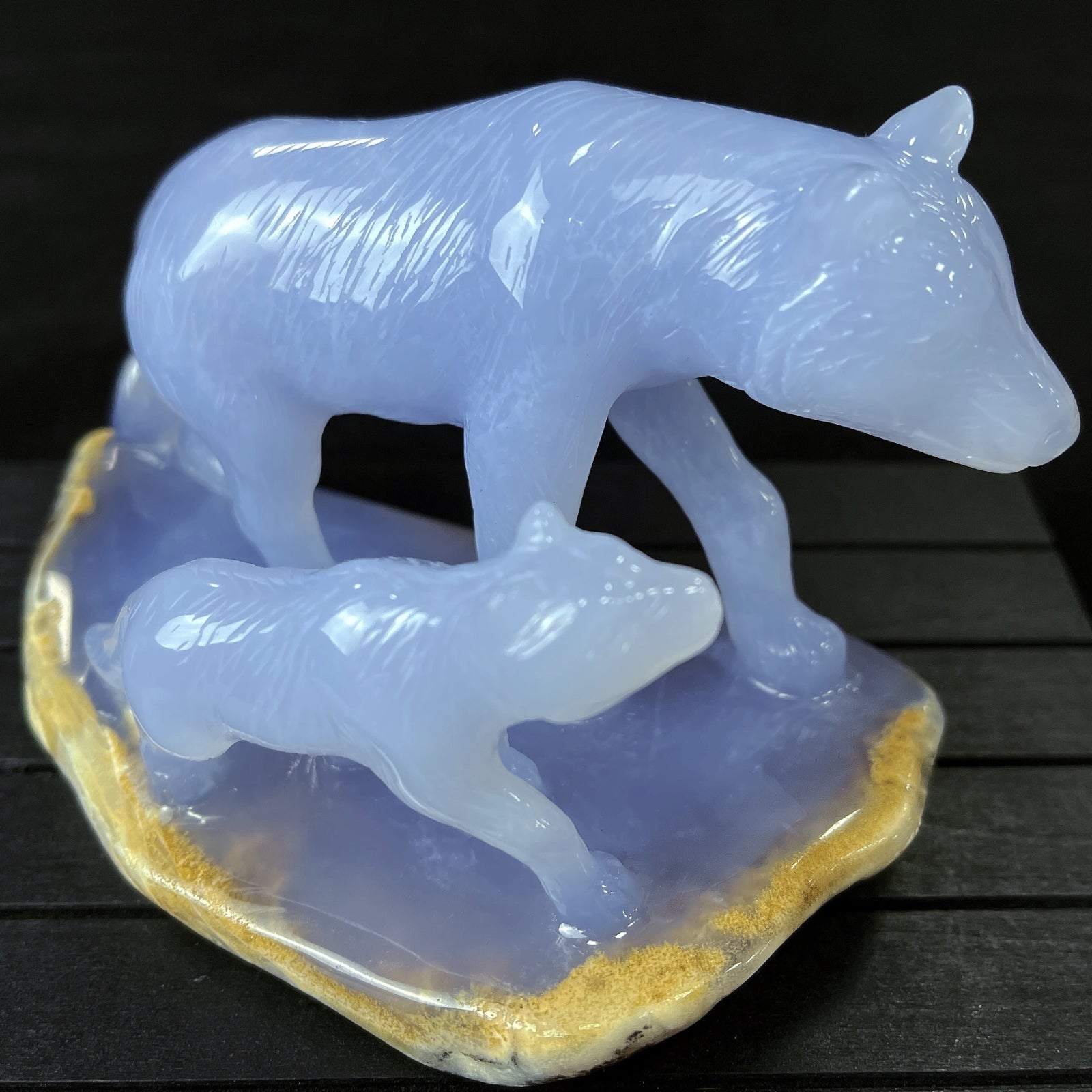 Amazing 5'' Blue Chalcedony Hand Carved Wolves Home Decoration Animal Statue Crystallumi