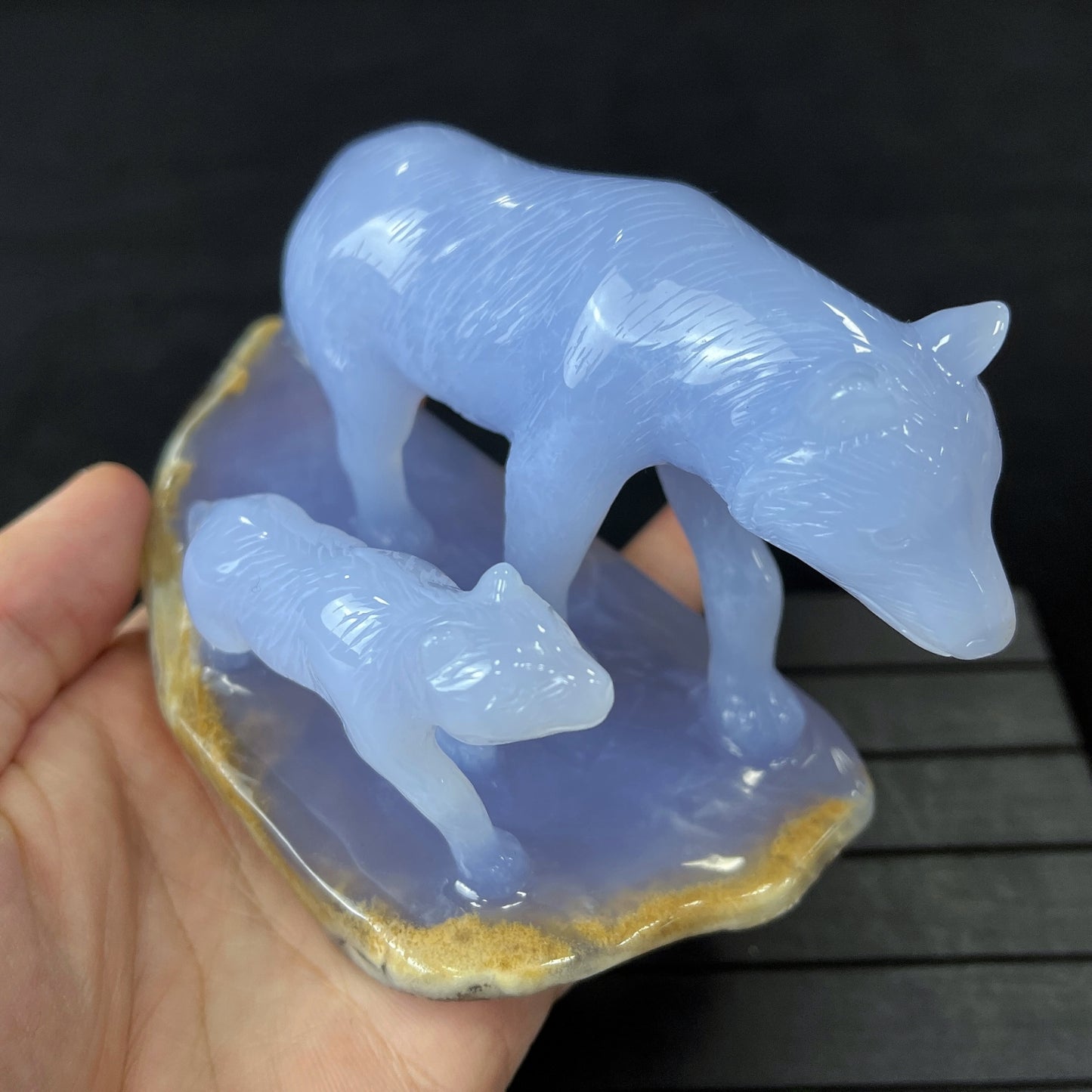 Amazing 5'' Blue Chalcedony Hand Carved Wolves Home Decoration Animal Statue Crystallumi