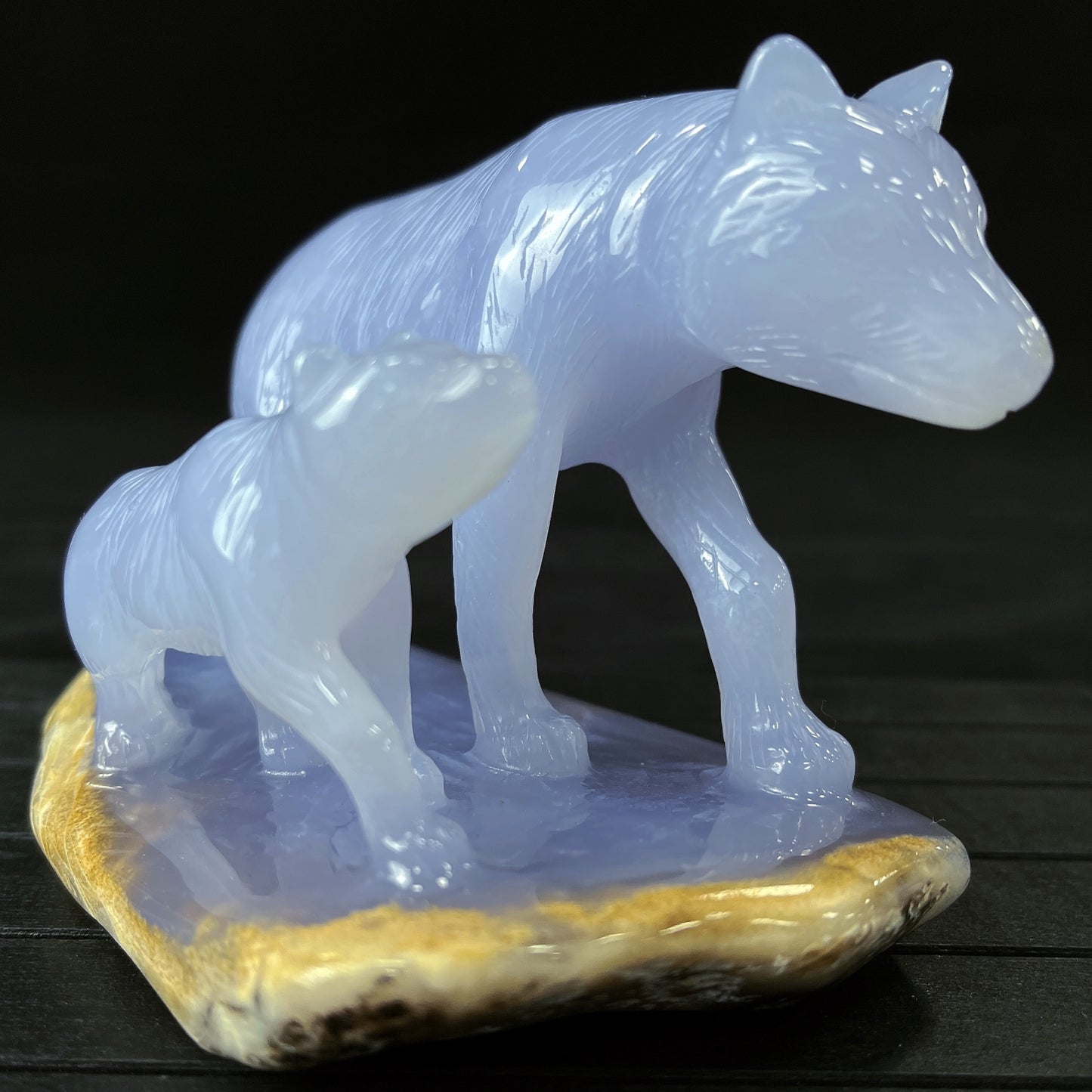 Amazing 5'' Blue Chalcedony Hand Carved Wolves Home Decoration Animal Statue Crystallumi