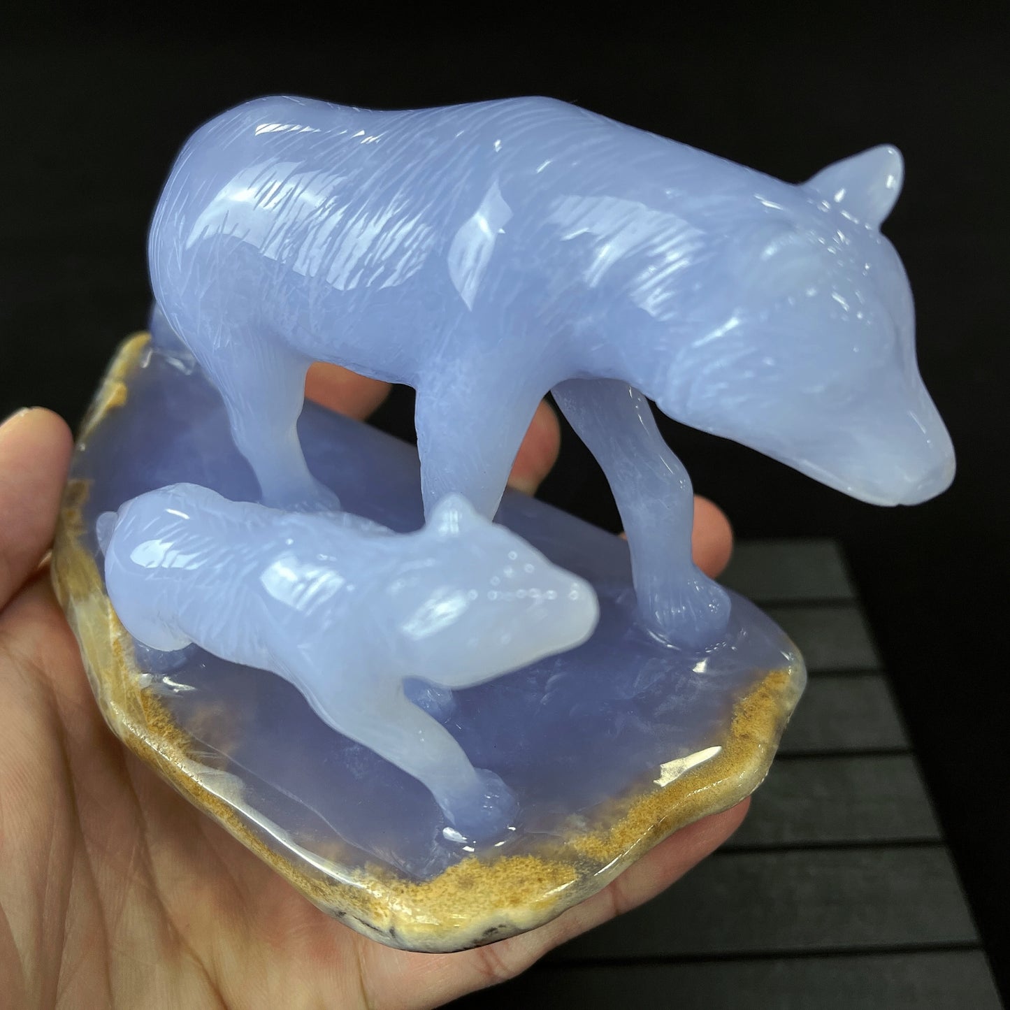 Amazing 5'' Blue Chalcedony Hand Carved Wolves Home Decoration Animal Statue Crystallumi