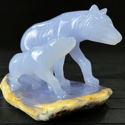 Amazing 5'' Blue Chalcedony Hand Carved Wolves Home Decoration Animal Statue Crystallumi